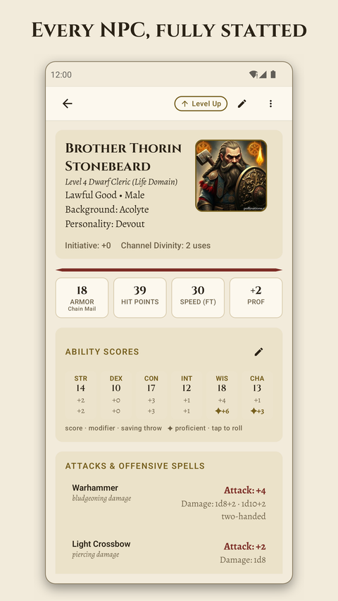An NPC's full stat block: ability scores, armor class, hit points, attacks and spells