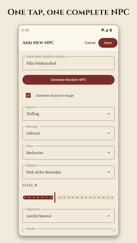 The Add NPC form, with a button to generate a complete random NPC