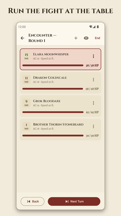 The encounter tracker, showing initiative order and hit points mid-fight