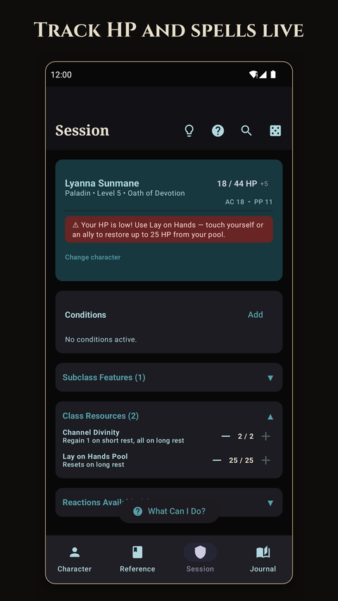 The session screen tracking hit points, conditions, class resources and reactions live