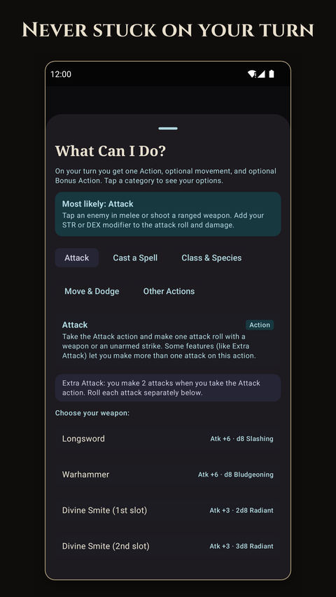 The What Can I Do? screen listing the actions available on your turn