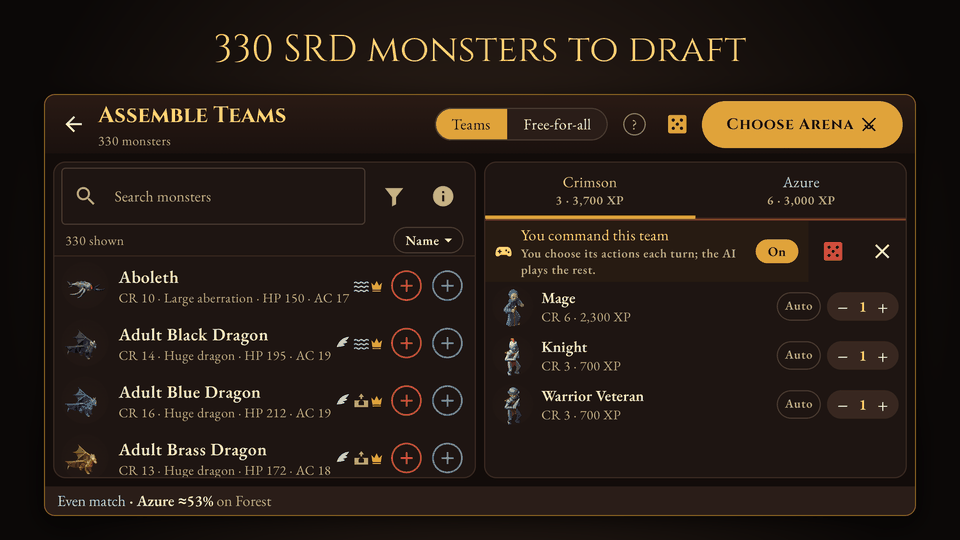 Assembling two teams from the 330 SRD monsters, with live win odds